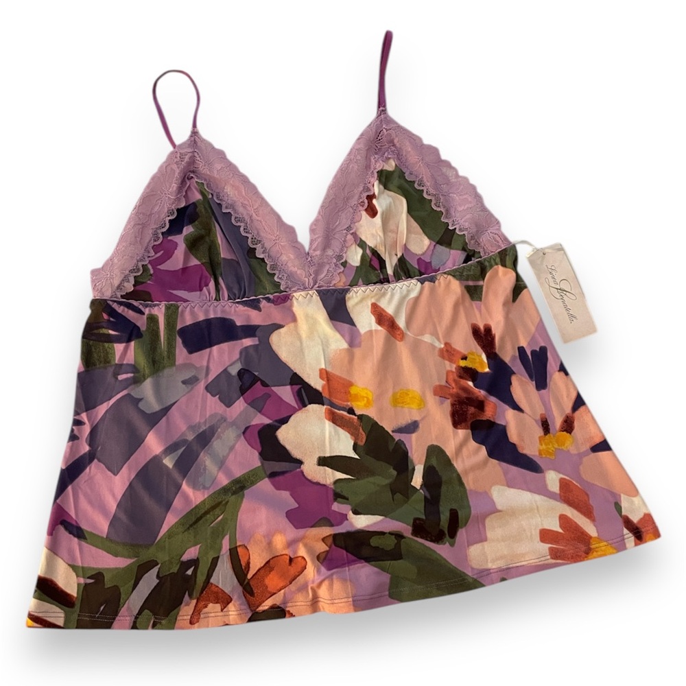Linea Donatella Purple Floral Lace Trimmed Babydoll Cami Tank Top Size XLarge